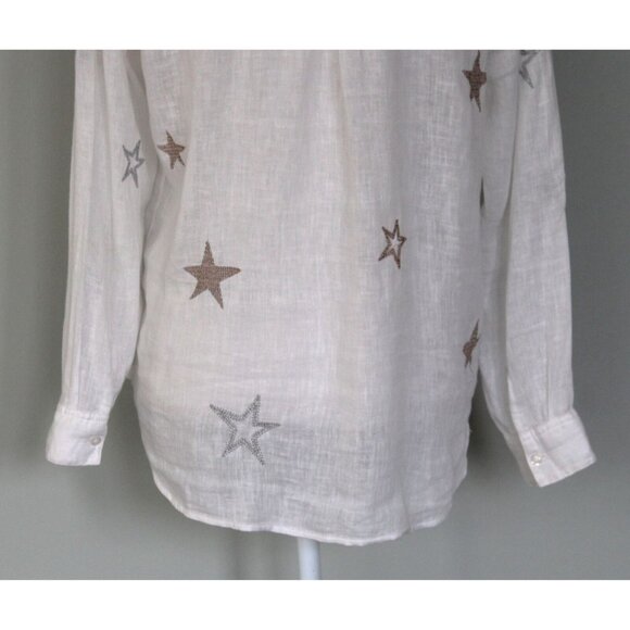 RAILS Charli White & Rose Gold Star Embroidery Linen Blend Button Shirt Top, XS - Picture 11 of 14
